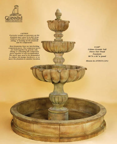Giannini Garden Urbino Grande Tall Three Tier Pond Fountain